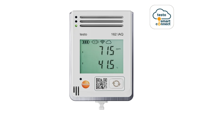testo 162 IAQ - Online data logger with display and integrated sensors for temperature, humidity, CO2 and atmospheric pressure